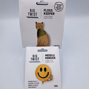 4/$20 Big Twist Floss Keeper Cat and Yellow Smiling Yarn Needle Minder Set